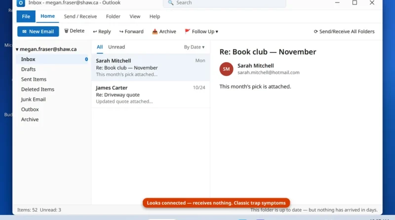 Classic Outlook showing the shaw.ca inbox with no new mail because the account was created as the wrong type