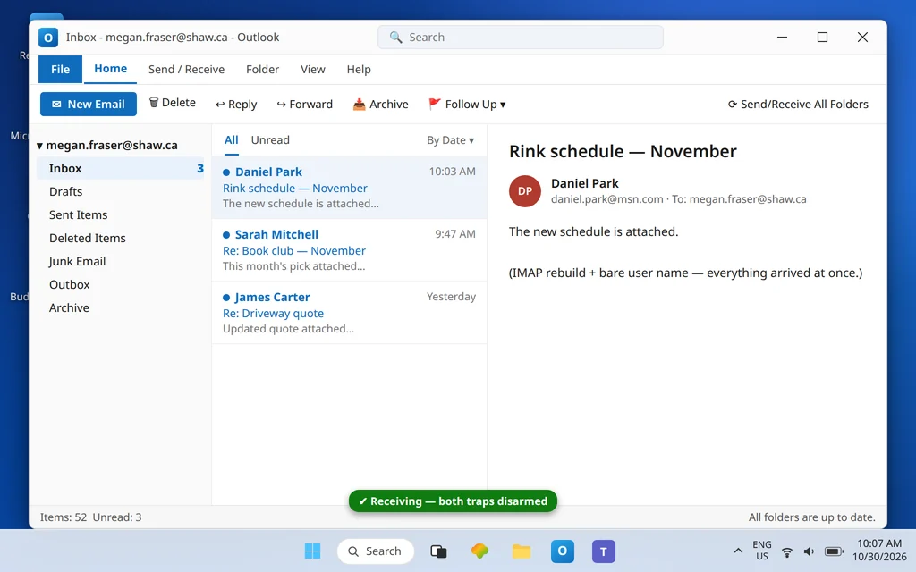 Classic Outlook shaw.ca inbox up to date with new mail received after rebuilding the account as IMAP with the correct user name