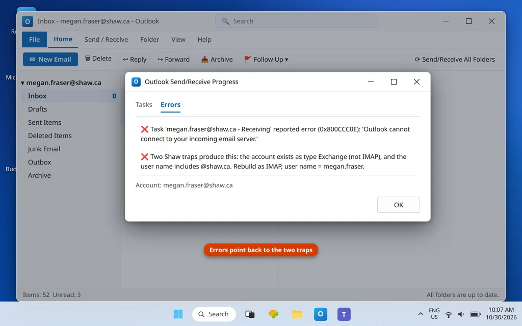 Outlook Send Receive errors for the Shaw account caused by the Exchange account type and full address user name
