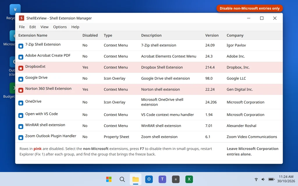 List of third-party shell extensions to check when File Explorer freezes on right click