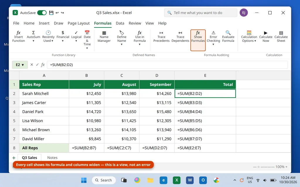 Show Formulas switched on in the Formula Auditing group, displaying formulas instead of results