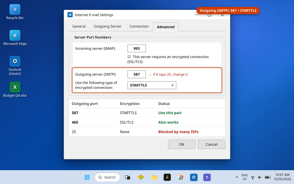 Outlook More Settings Advanced tab with outgoing SMTP port 587 and STARTTLS selected