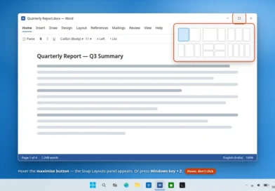 Snap Layouts panel appearing when hovering the maximise button in Windows 11
