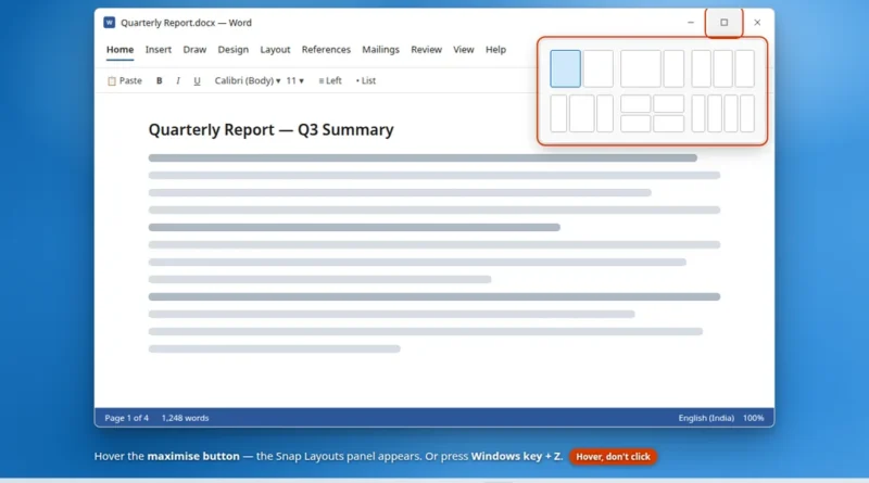 Snap Layouts panel appearing when hovering the maximise button in Windows 11