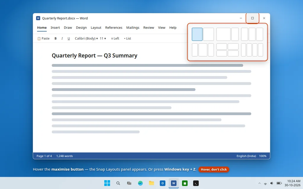 Snap Layouts panel appearing when hovering the maximise button in Windows 11