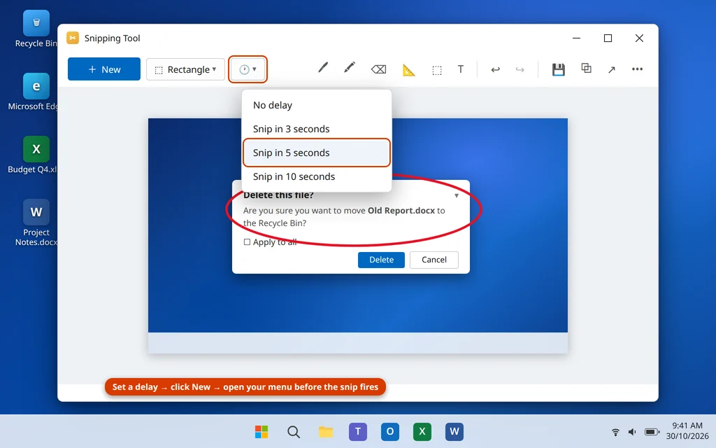 Snipping Tool app in Windows 11 with the delay options open next to the New button