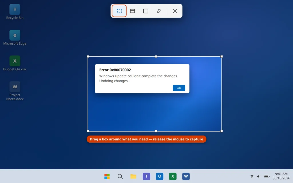 Snipping Tool bar open with Windows Shift S, dragging a rectangle snip over the desktop