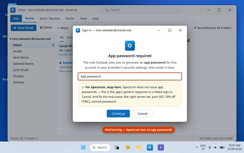 Outlook app password prompt for a Spectrum account with a note that Spectrum has no app passwords and the normal email password is the correct credential