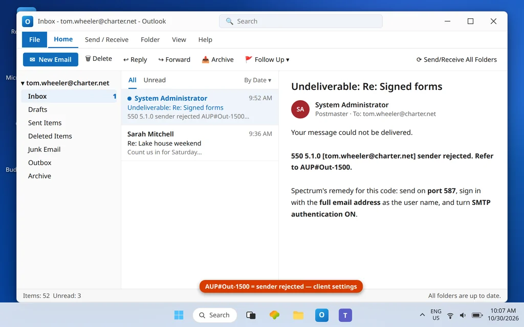 Outlook inbox showing the Spectrum bounce message with error 550 5.1.0 AUP Out-1500 sender rejected