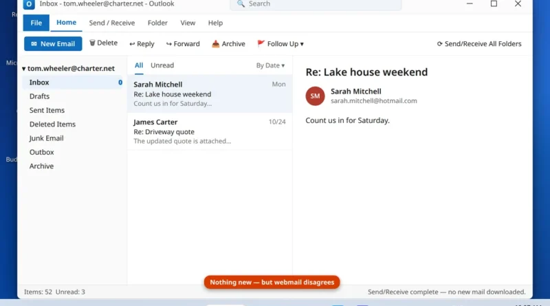 Classic Outlook showing the charter.net inbox with no new mail arriving while webmail shows the messages