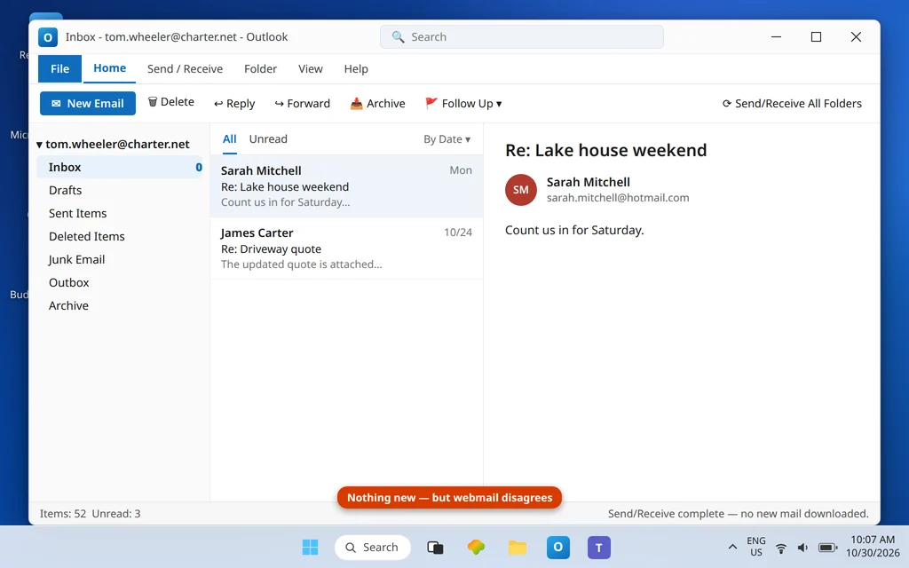 Classic Outlook showing the charter.net inbox with no new mail arriving while webmail shows the messages