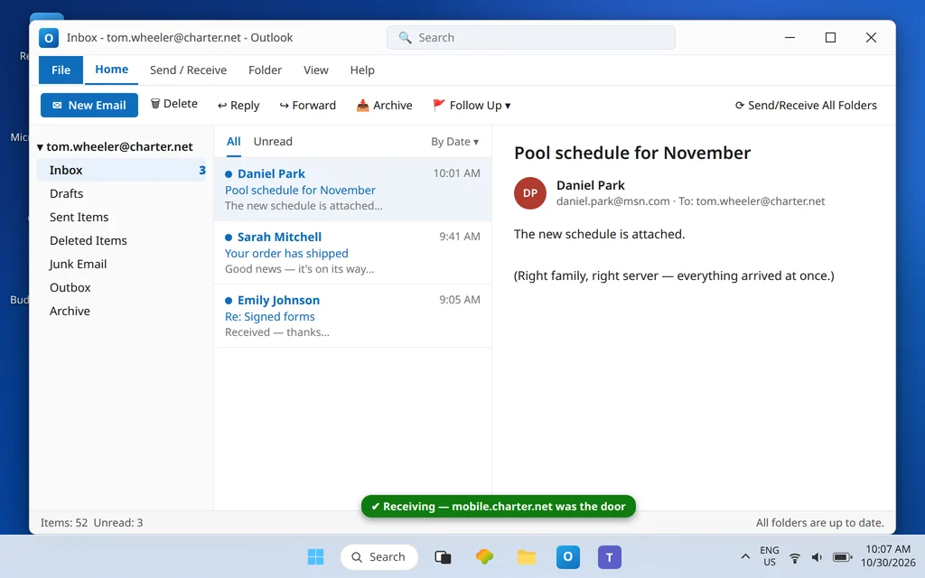 Classic Outlook charter.net inbox up to date with the missing messages received after correcting to the mobile.charter.net settings