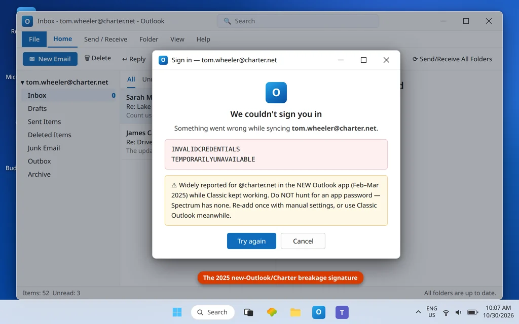 Outlook sign-in error for a charter.net account reading invalid credentials temporarily unavailable with a note to use the normal password and Classic Outlook if it persists