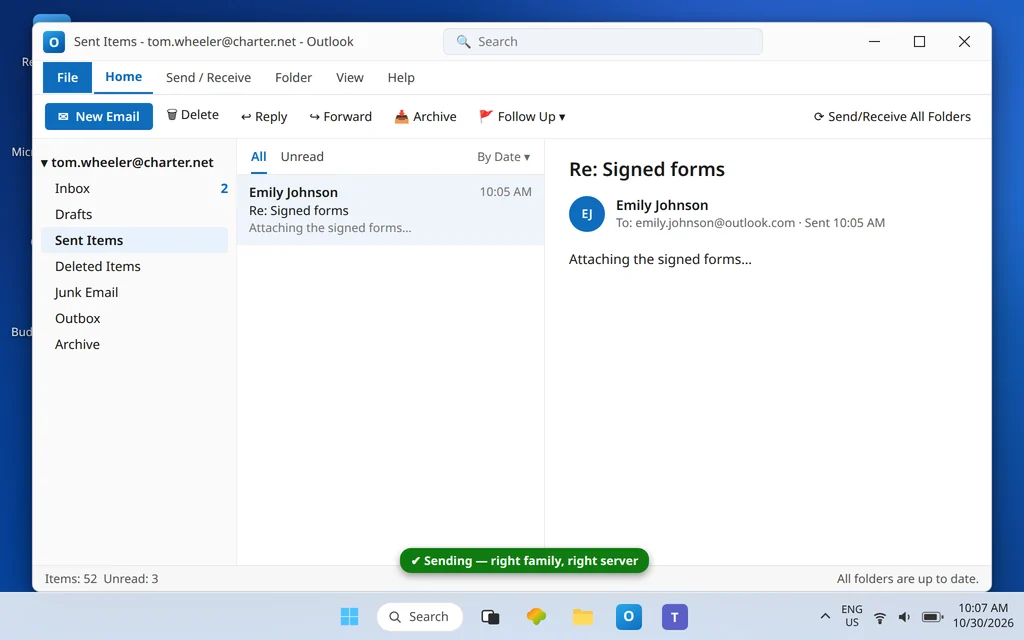 Classic Outlook Sent Items showing the test message sent from the charter.net account after the domain-split SMTP fix