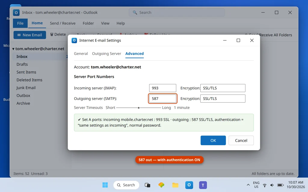 Outlook Advanced settings showing Spectrum outgoing port 587 with SSL TLS encryption and incoming port 993