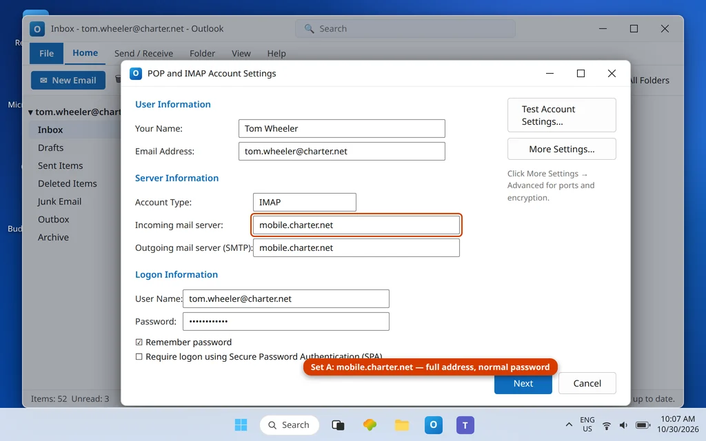 Outlook account settings for a charter.net account showing the incoming server mobile.charter.net on the Spectrum Set A table