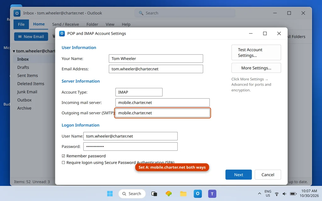 Outlook account settings for a charter.net account showing the outgoing server mobile.charter.net used for Spectrum sending