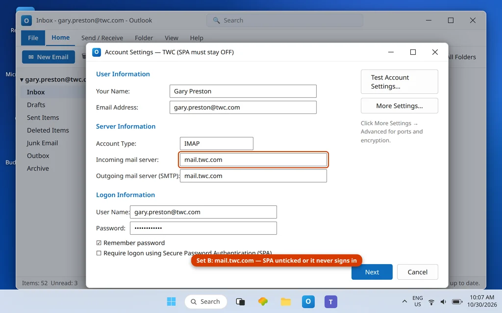 Outlook account settings for a twc.com account showing mail.twc.com as the incoming server with Secure Password Authentication unticked