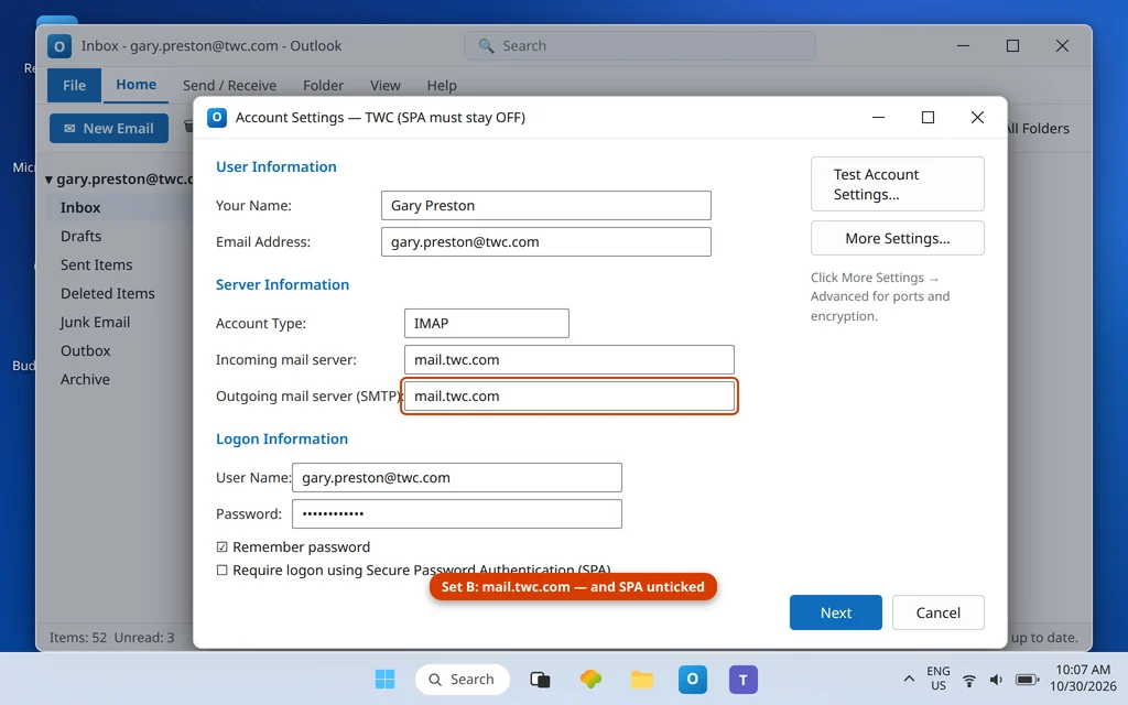 Outlook settings for a twc.com account showing mail.twc.com on port 587 with STARTTLS and Secure Password Authentication unticked