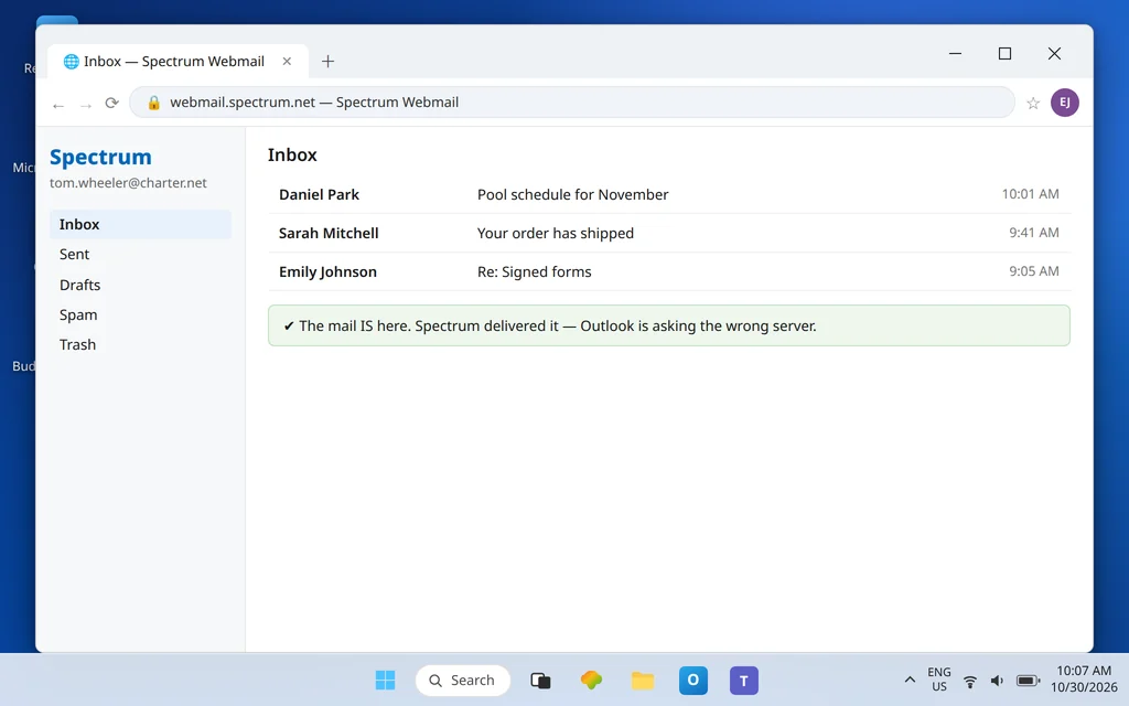 Spectrum Webmail inbox showing the new messages present proving the fault is in Outlooks server settings