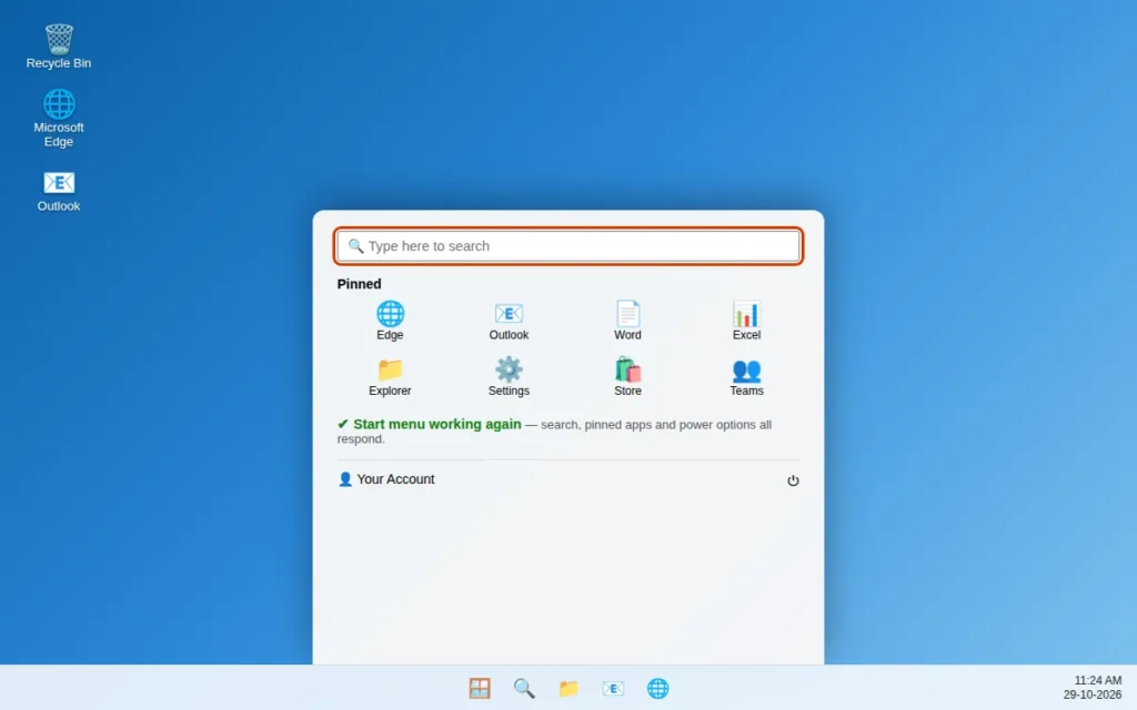 Windows 11 Start menu opening normally with pinned apps after the fix