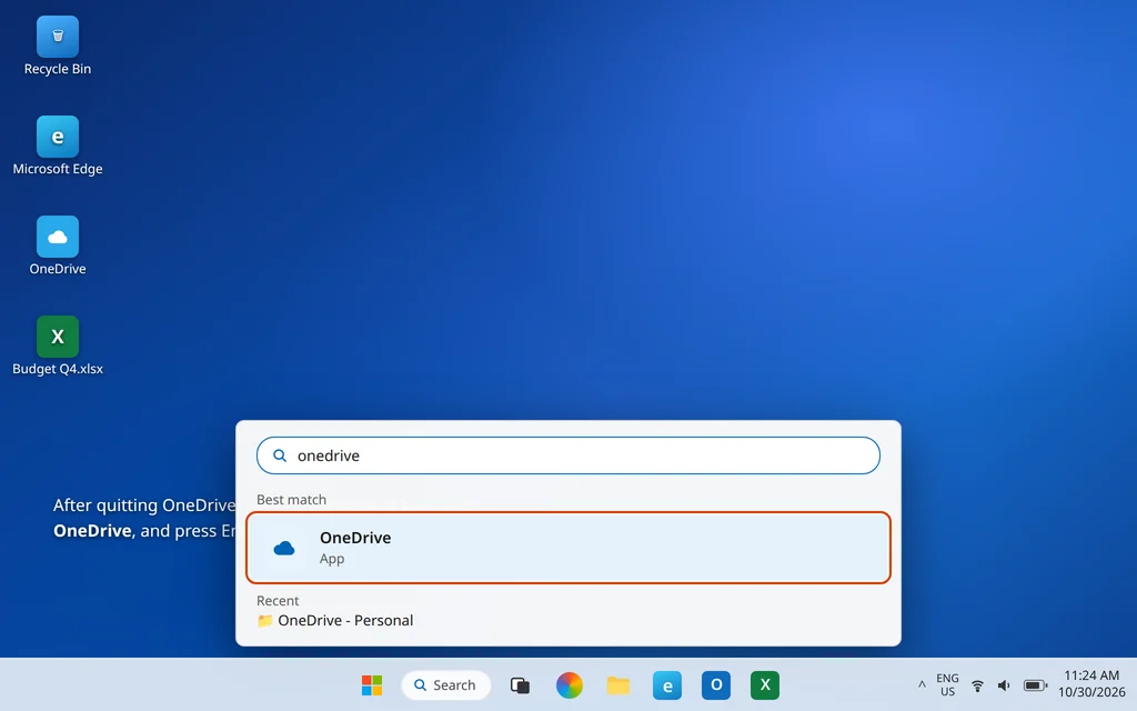 Searching for OneDrive in Windows Start to relaunch the app after quitting it