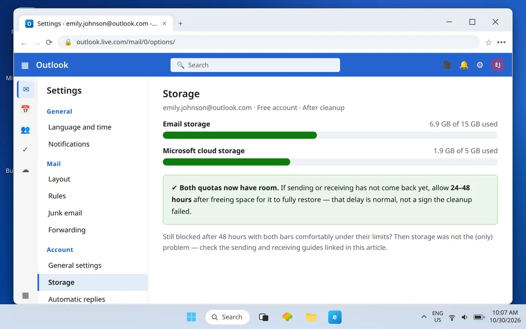 Outlook.com Storage page after cleanup — email storage down to 6.9 GB of 15 GB and cloud storage down to 1.9 GB of 5 GB, with the note to allow 24 to 48 hours for mail to restore