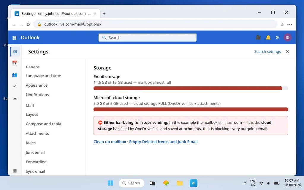 Outlook.com Storage settings showing the mailbox nearly full and the cloud storage bar completely full, which stops sending