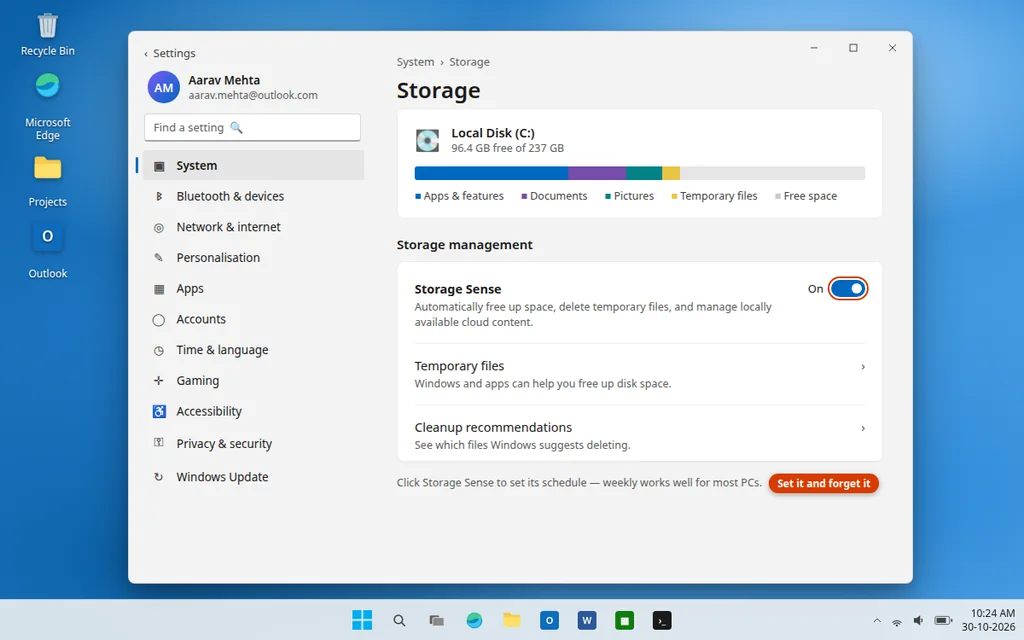 Storage Sense turned on in Windows 11 Settings System Storage