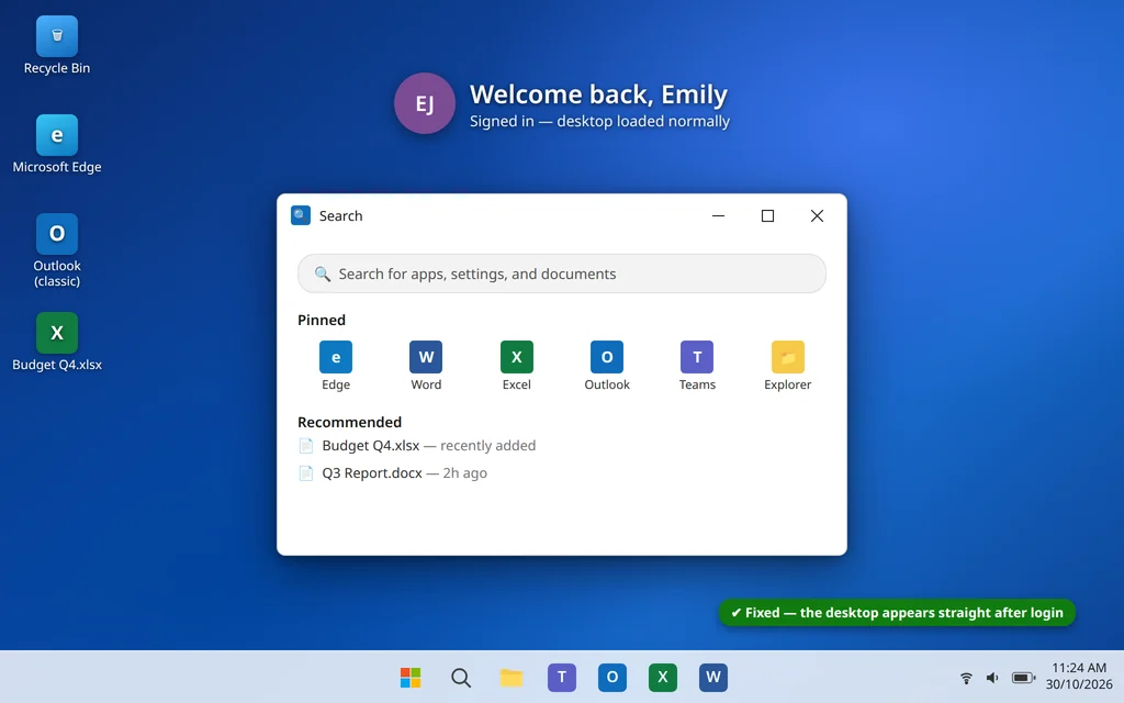 Windows 11 desktop loading normally after login once the black screen problem is fixed
