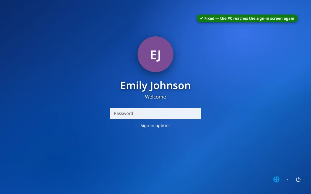 The Windows 11 sign-in screen loading normally again after the boot problem is fixed