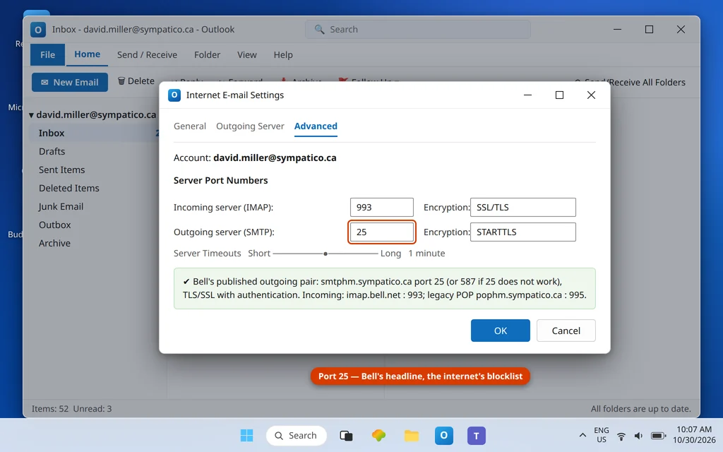 Outlook Advanced settings showing the Bell outgoing server smtphm.sympatico.ca on port 25 with TLS and a note that 587 is the fallback