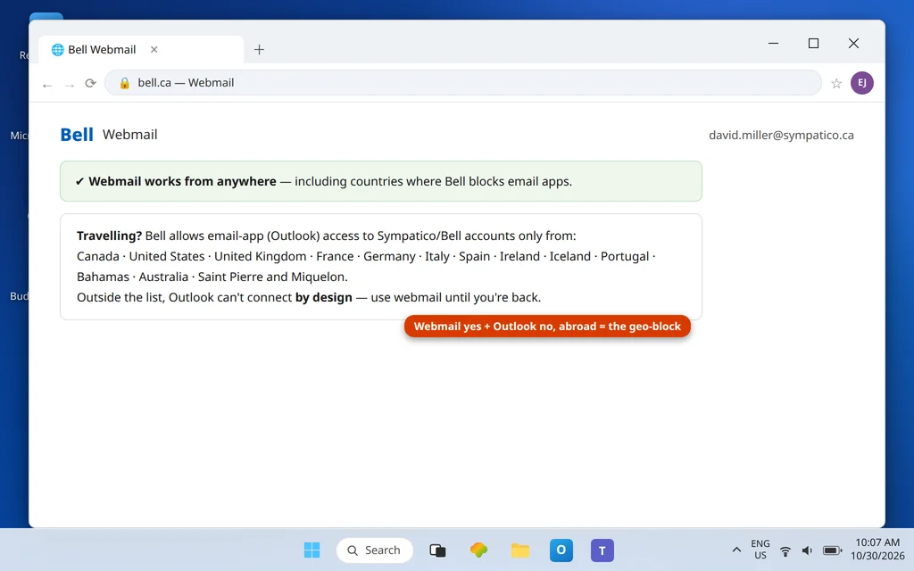 Bell webmail working while travelling with a note that email app access for Sympatico accounts is only available from Bells list of supported countries