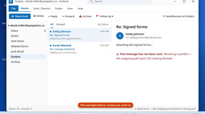 Classic Outlook with messages stuck in the Outbox of a sympatico.ca account that had sent reliably for years