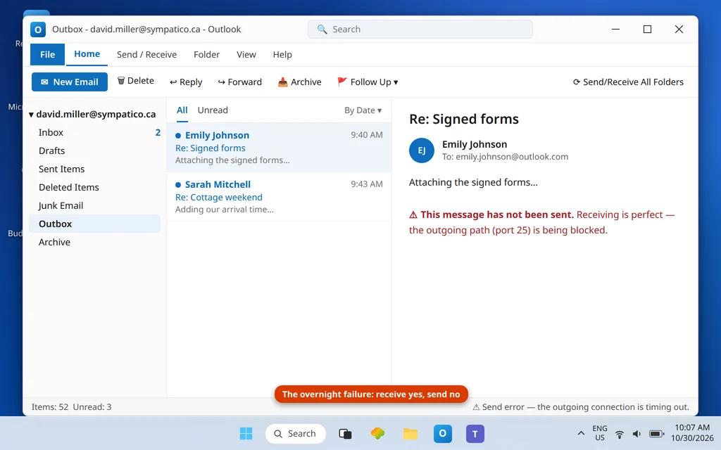 Classic Outlook with messages stuck in the Outbox of a sympatico.ca account that had sent reliably for years