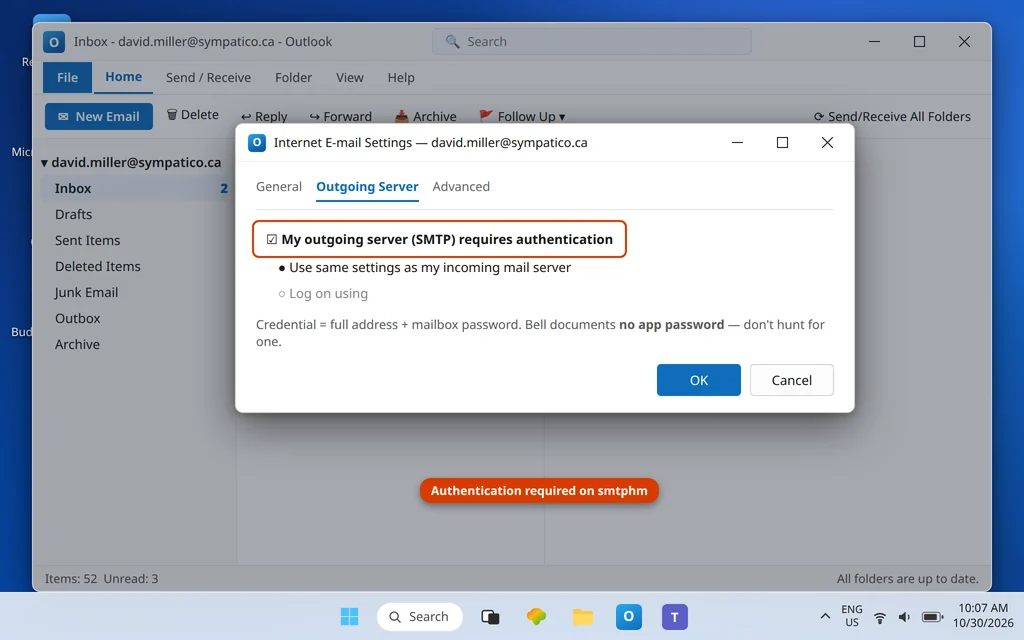 Outlook Outgoing Server settings with authentication enabled for the smtphm.sympatico.ca server using the mailbox password