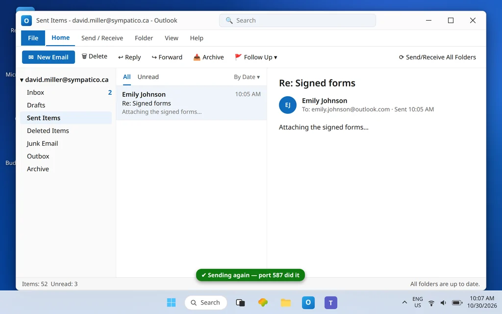 Classic Outlook Sent Items showing the test message sent from the sympatico.ca account after switching the outgoing port to 587
