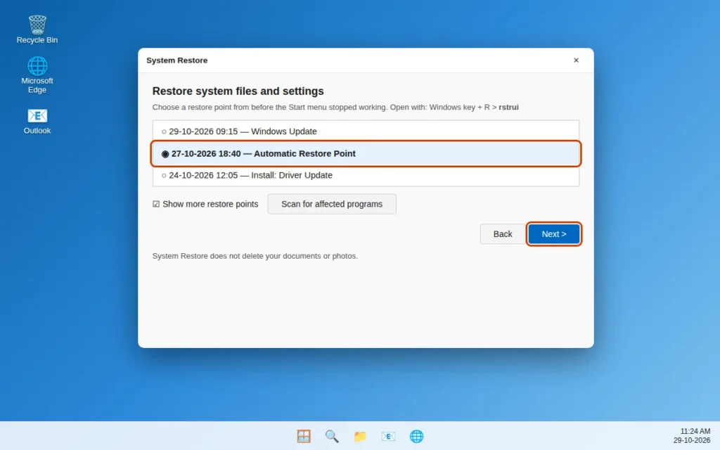Choose a restore point in System Restore to fix Windows 11 Start menu not working