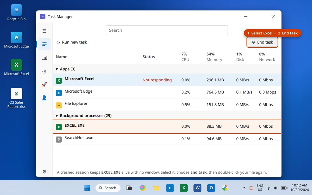 End the EXCEL.EXE process in Task Manager when Excel files are not opening