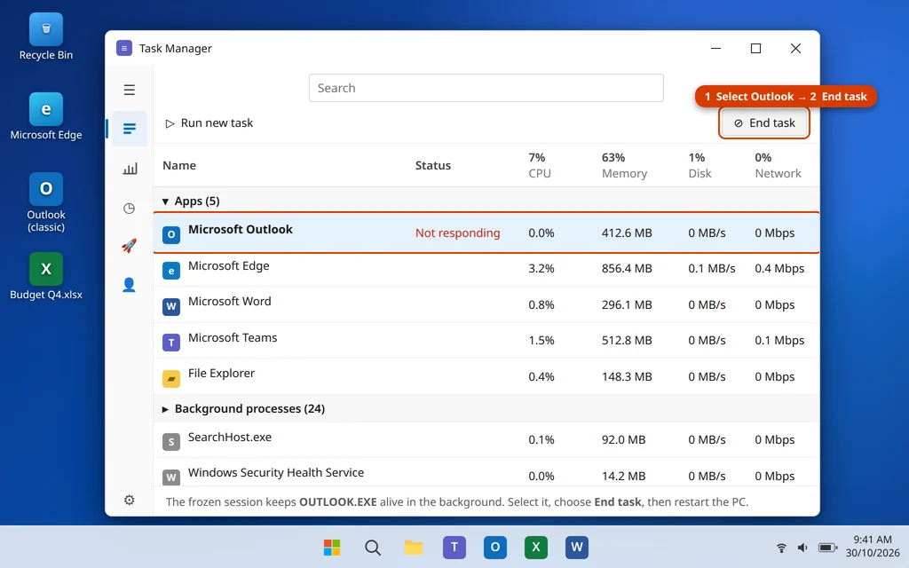 End the Microsoft Outlook process in Task Manager when Outlook is stuck on Loading Profile