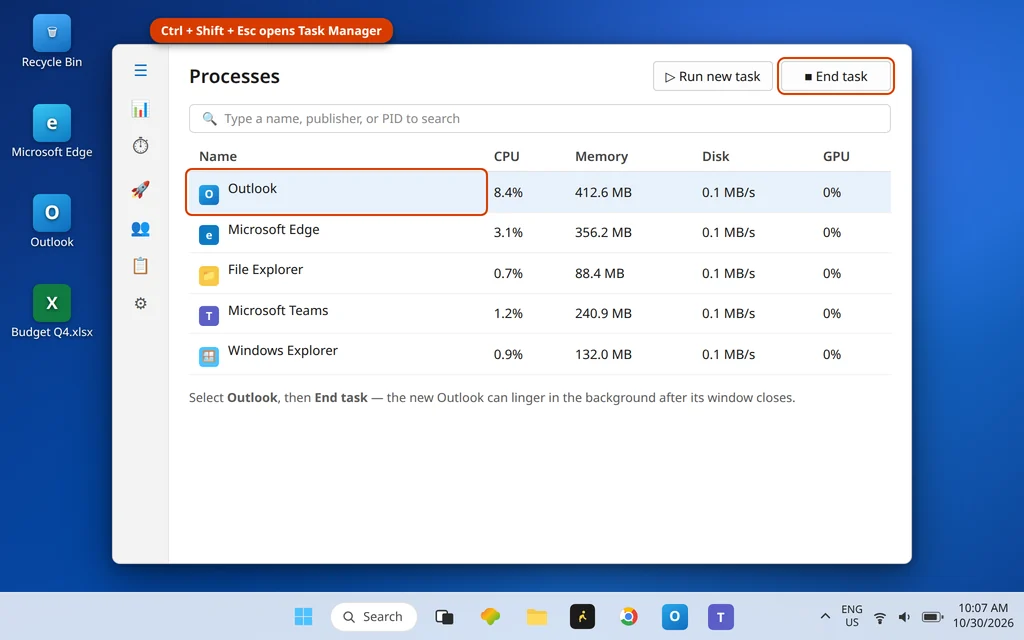 Windows Task Manager with the Outlook process selected and End task highlighted