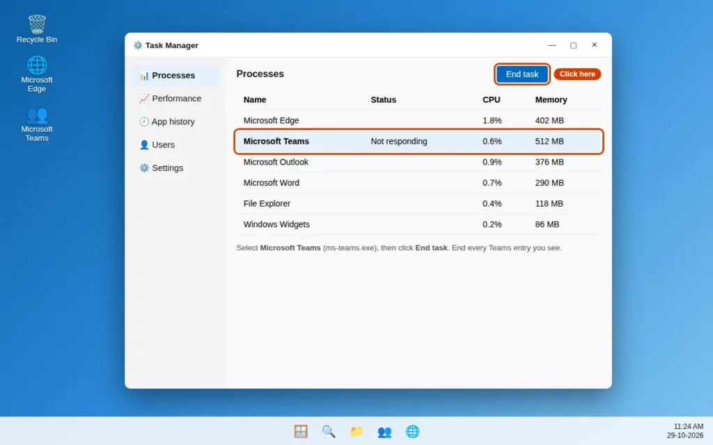 End Microsoft Teams process in Task Manager in Windows 11