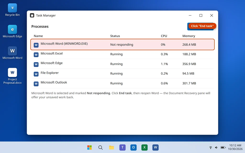 End the Microsoft Word WINWORD.EXE process marked Not responding in Task Manager
