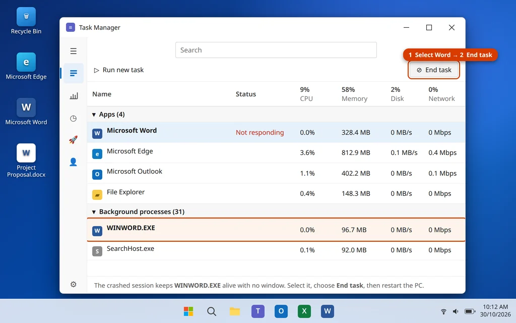 End the Microsoft Word WINWORD.EXE process in Task Manager when Word is not responding
