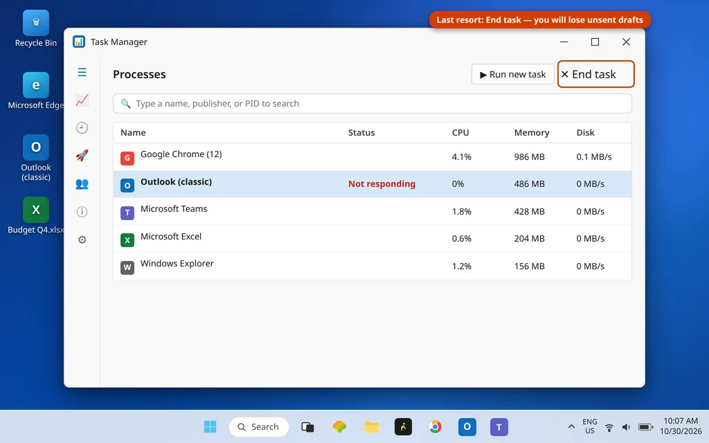 Task Manager Processes tab with Outlook (classic) marked Not responding