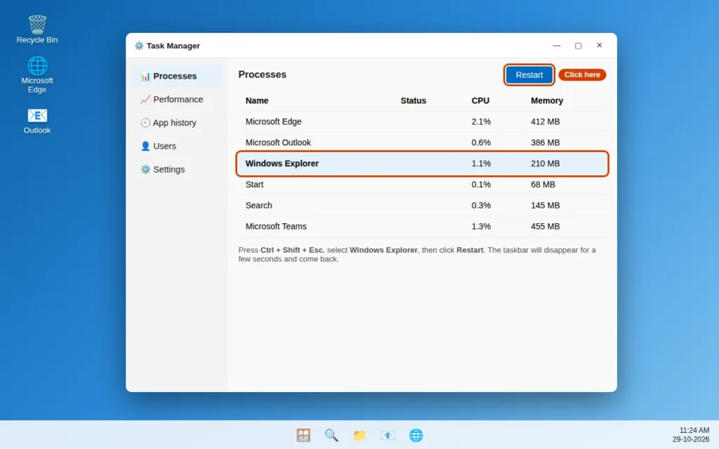 Restart Windows Explorer in Task Manager to fix Windows 11 Start menu not working