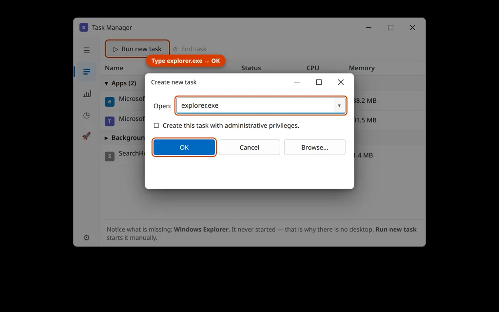 Run new task dialog in Task Manager with explorer.exe typed in to restart the desktop