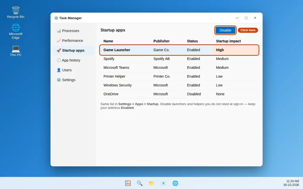 Disable startup apps in Task Manager Startup apps tab to speed up Windows 11