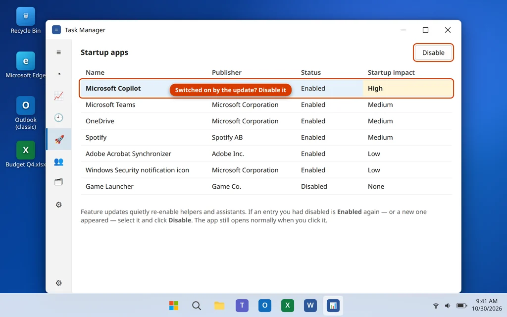 Startup apps in Task Manager showing entries re-enabled after an update slowing down Windows 11 startup