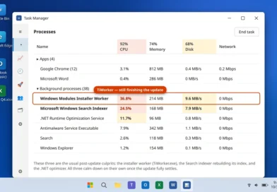 Task Manager showing Windows Modules Installer Worker and Search Indexer using high CPU on a PC slow after a Windows 11 update